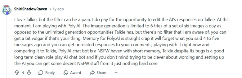 Talkie AI screenshot of user expressing positive sentiment.