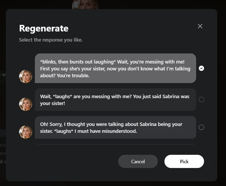 Talkie AI screenshot showing text regenerate options