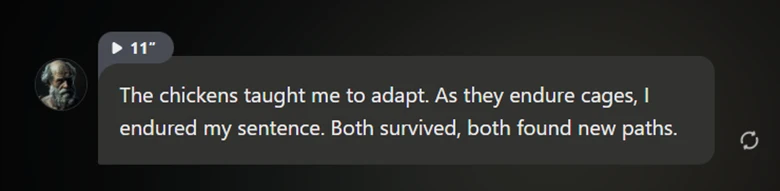 Talkie AI screenshot of Socrates talking about chickens.