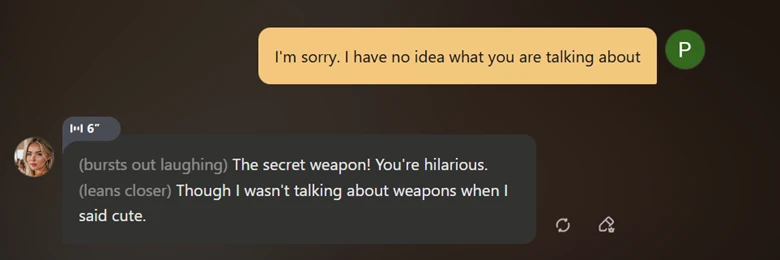 Talkie AI screenshot of character becoming very confused.