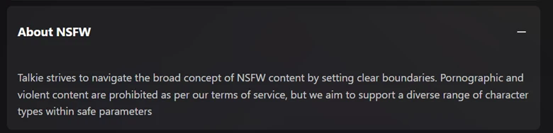 Talkie AI screenshot of NSFW policy.