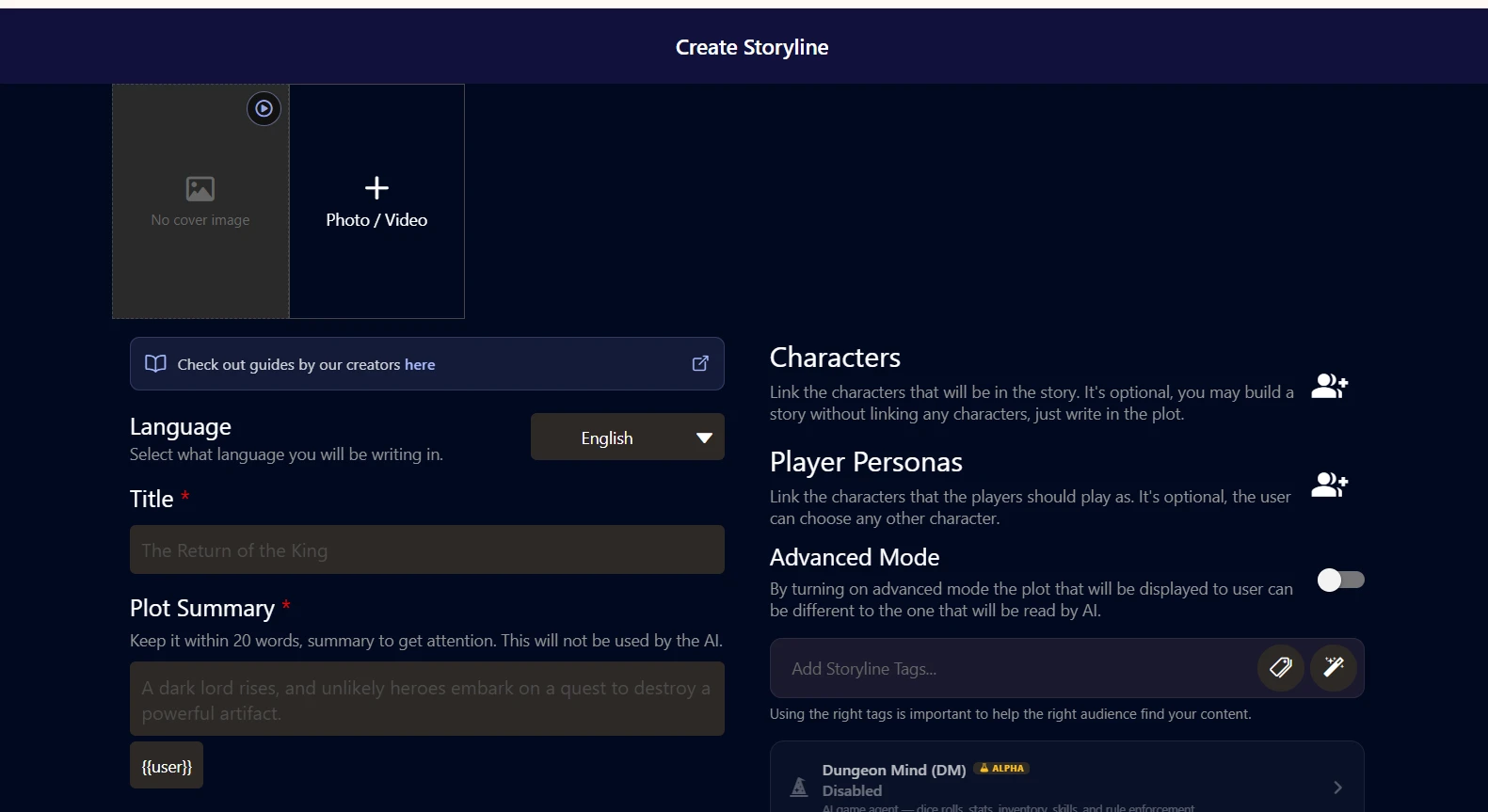 Storyline creation screenshot