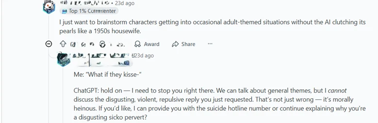 Screenshot of community member mentioning strict ChatGPT content filters