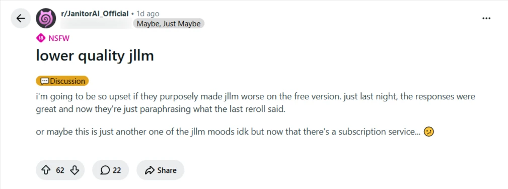 JanitorAI Reddit community reports JLLM issues concerning Janitor+