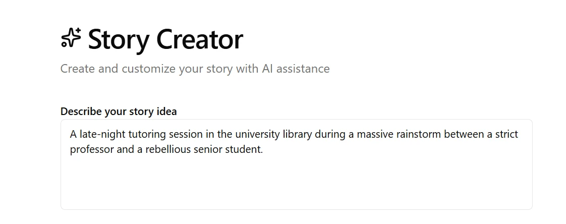 Screenshot of the SmutFinder Story Creator interface with an initial prompt typed in
