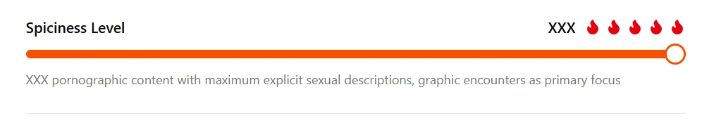 Screenshot of the SmutFinder Spiciness Level slider set to the maximum XXX setting — SmutFinder