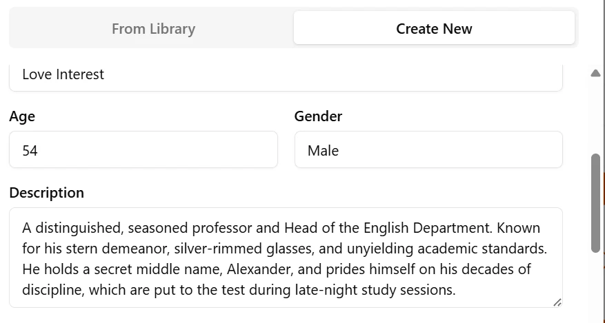 Screenshot of the SmutFinder character creation form showing Professor Holmes's description and middle name lore detail