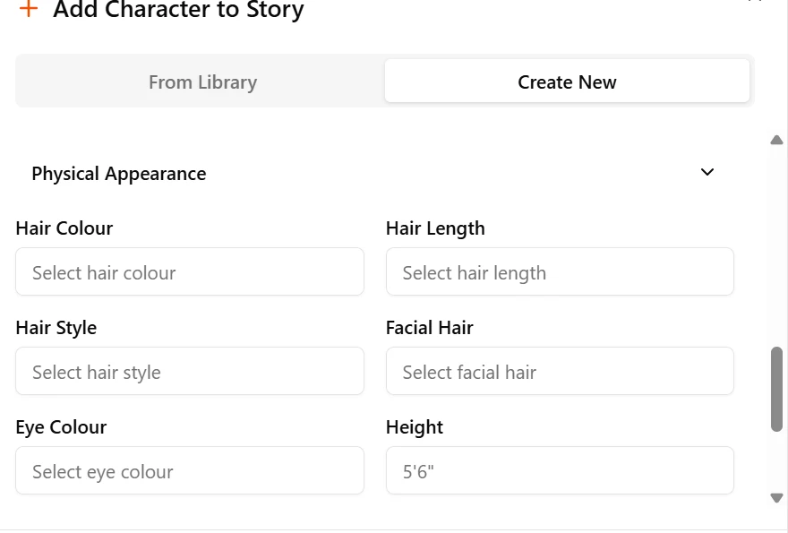 Screenshot of the SmutFinder Physical Appearance dropdown showing fields for hair color, style, facial hair, eye color, and height
