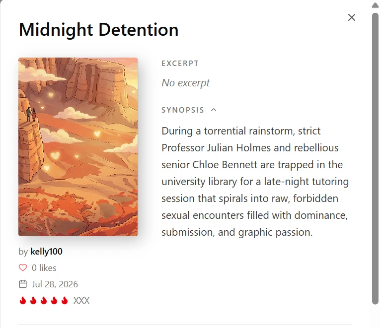 Screenshot of the SmutFinder auto-generated cover showing a desert canyon artwork that mismatches the library story synopsis