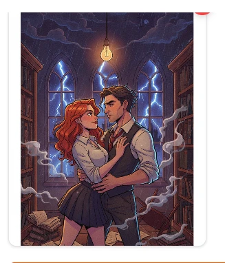Screenshot of regenerated AI cover art in SmutFinder showing a library during a storm with a young-looking professor