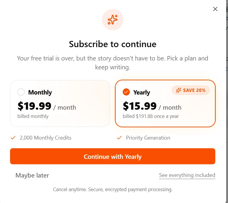 A screenshot of the price after registration showing only two options