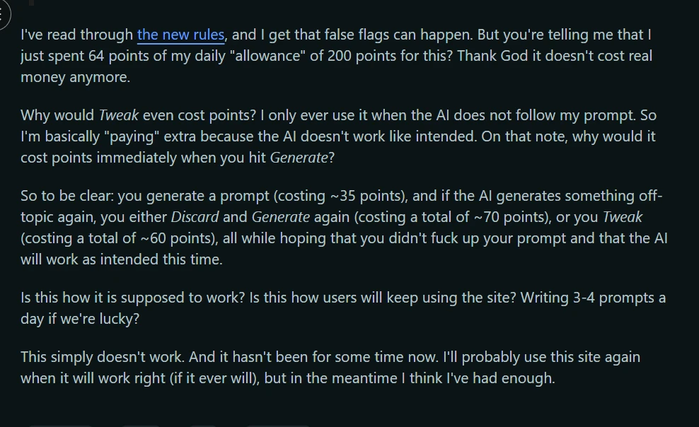 Screenshot of a SmutFinder user review expressing frustration over false positive moderation blocks and lost credits