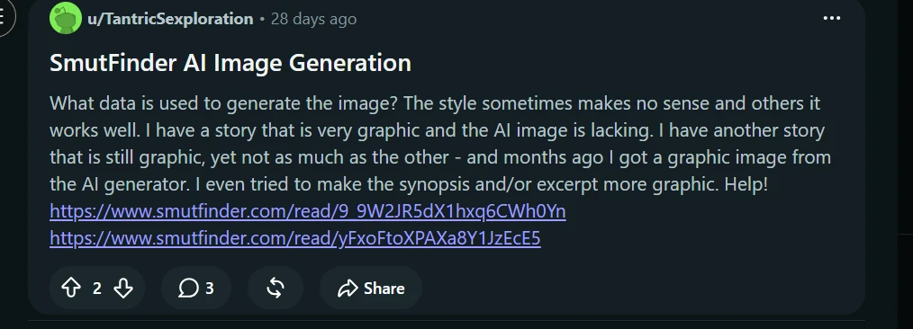 Screenshot of a Reddit post by user TantricSexploration complaining about inconsistent SmutFinder
