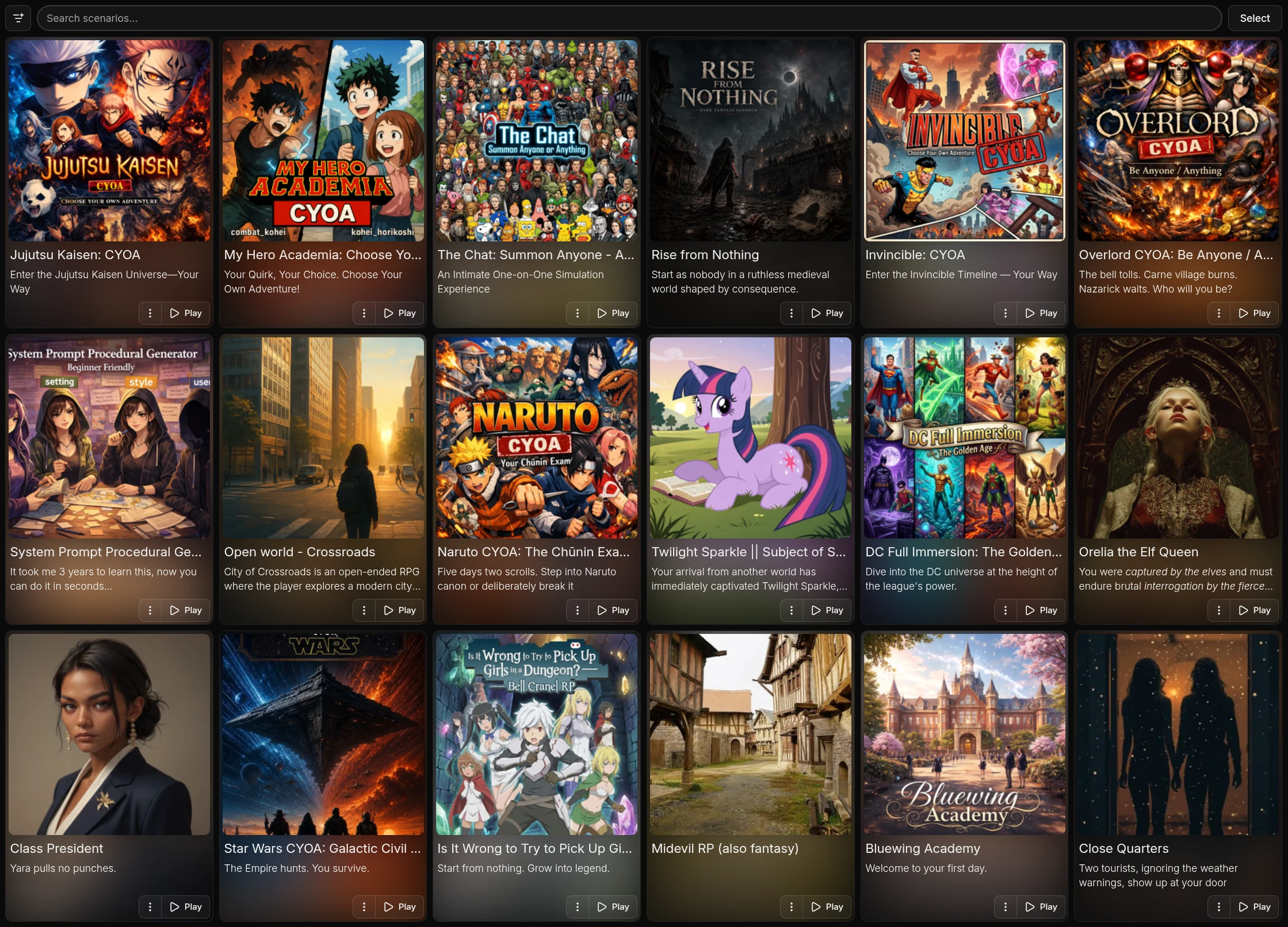 DreamGen's scenario library is relatively small but diverse. Anime & comic book inspired scenarios, open world sandbox scenarios, horror, sci-fi, romance.