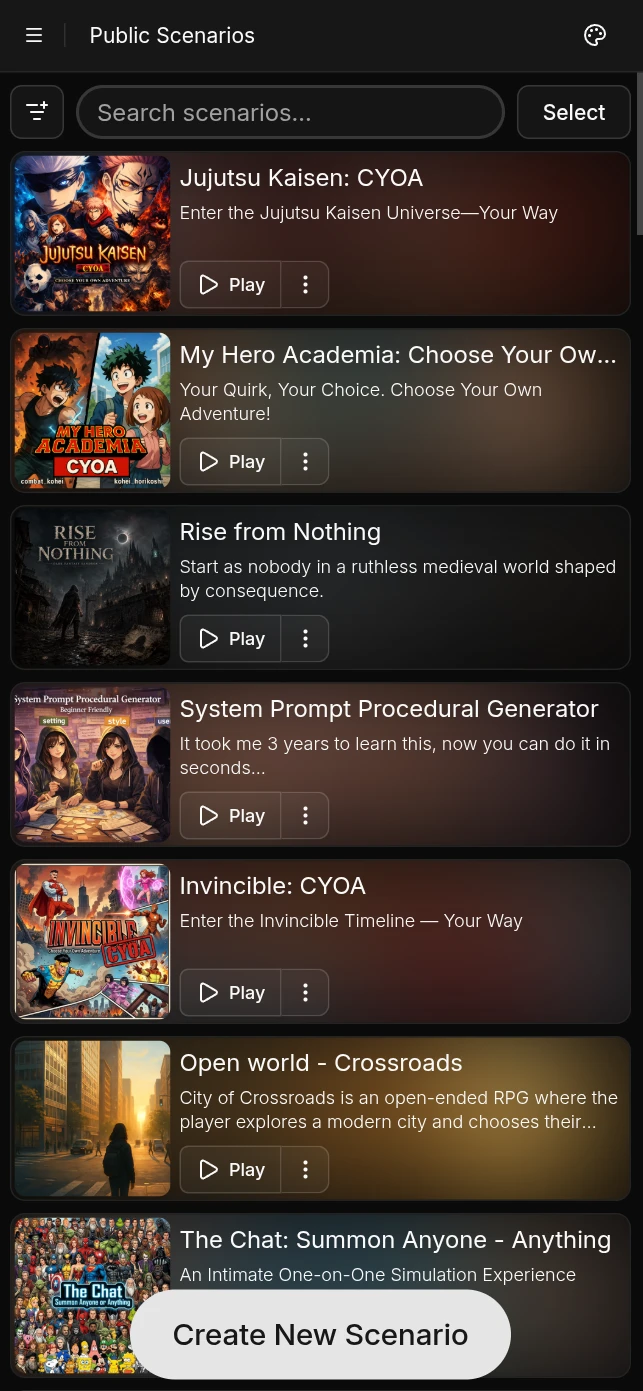 DreamGen's scenario library is relatively small but diverse. Anime & comic book inspired scenarios, open world sandbox scenarios, horror, sci-fi, romance.