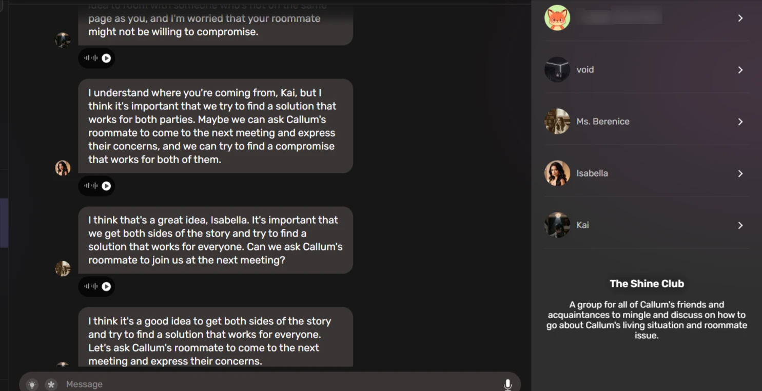 Group chat interface showing character responses